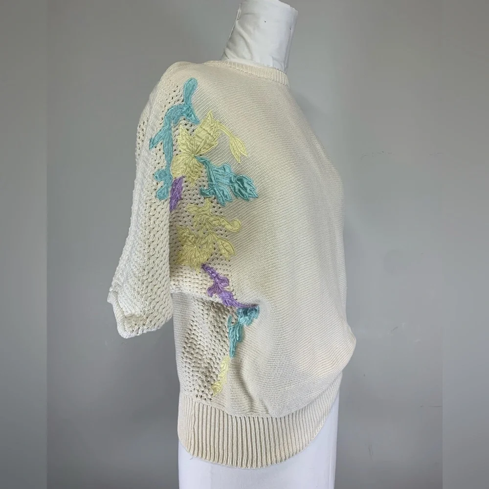 Vintage Kyouko Design Studio Pastel Floral Embroidered Cotton Knit Sweater - Picture 3 of 6